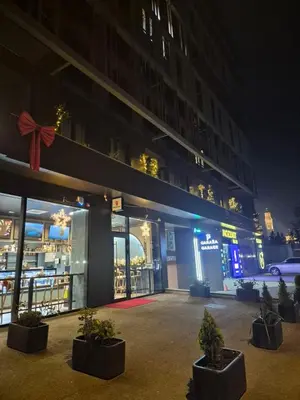 a building with potted plants in front of it at night at Palace Residence Apartment in Banja Luka