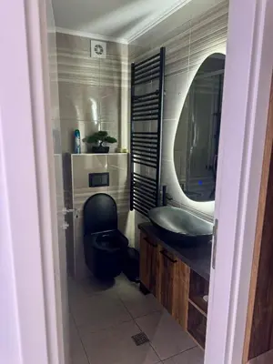 a bathroom with a sink and a toilet and a mirror at Jelena Apartments in Banja Luka