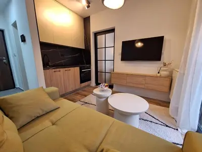a living room with a couch and a tv at Urban Cube Apartment - Tuzla City Center in Tuzla