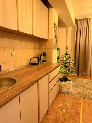 a kitchen with a christmas tree on the counter at Alexa Apartmani in Banja Luka