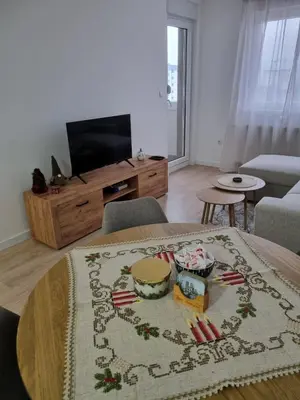 a living room with a table with a rug at Apartman Mila in Doboj