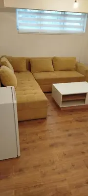a living room with a couch and a table at Apartman Ani in Hiseti