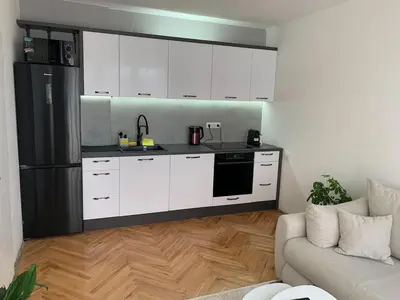 a kitchen with white cabinets and a black refrigerator at Apartment Vilsonova in Banja Luka