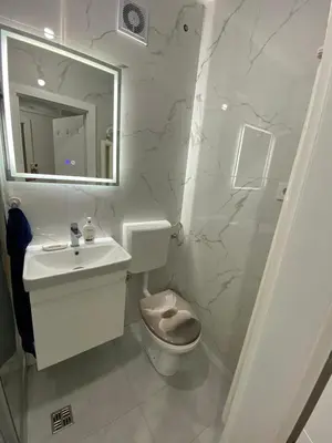 a bathroom with a toilet and a sink and a mirror at Apartment Vilsonova in Banja Luka