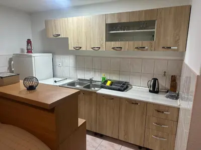 a kitchen with wooden cabinets and a sink and a refrigerator at Apartman Nina in Šišava