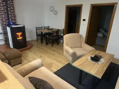 a living room with a couch and a table with a fireplace at Apartman Nina in Šišava