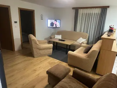 a living room with a couch and chairs and a table at Apartman Nina in Šišava