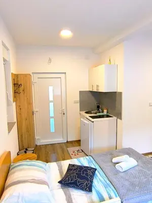 a room with a bed and a kitchen with a sink at TOKIs apartmani in Mrkonjić Grad
