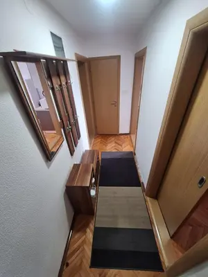 a hallway with wooden doors and a rug at Apartman Mila in Bihać