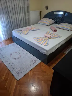 a bedroom with a bed with two pillows and a rug at Apartman - TAHRIC in Bihać