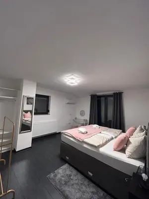 a bedroom with a large bed with pink pillows at Villa Sky in Bosanska Krupa
