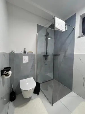 a bathroom with a shower stall and a toilet at Villa Sky in Bosanska Krupa