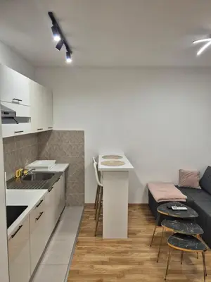 a kitchen and living room with a couch and a table at Apartman Silencio 2 in Banja Luka