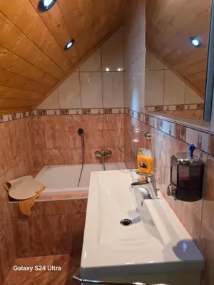 a bathroom with a sink and a bath tub at Vikendica raj u lohovu in Bihać