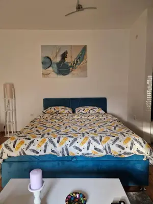 a bed with a blue headboard in a bedroom at Stan na Dan 39- PLAVI in Banja Luka