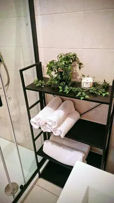 a shelf with towels and a plant in a bathroom at Holiday House M&M Kupres in Kupres