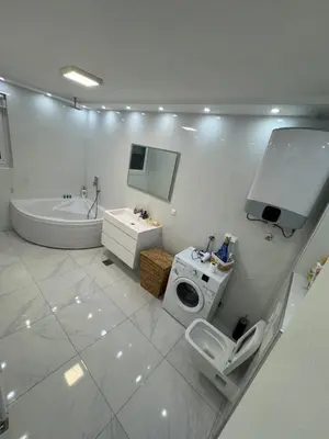 a white bathroom with a washing machine and a toilet at Stan na dan Jelah in Jelah