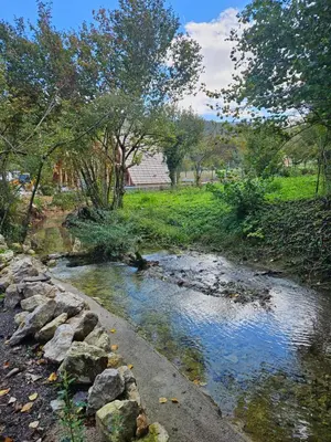 a stream with rocks in a field with trees at Golden Spa A-Frame 2 in Bihać