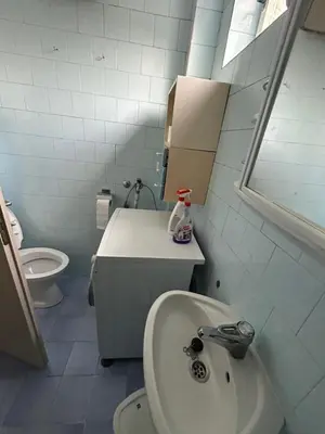 a bathroom with a sink and a toilet and a mirror at Apartman Andja in Laktaši