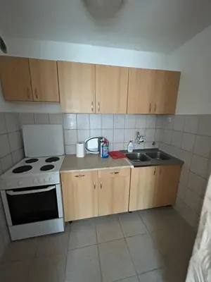 a small kitchen with a stove and a sink at Apartman Andja in Laktaši