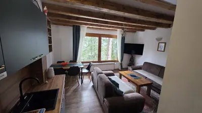 a living room with a couch and a table at Vikendica SANA Vlašić in Šišava