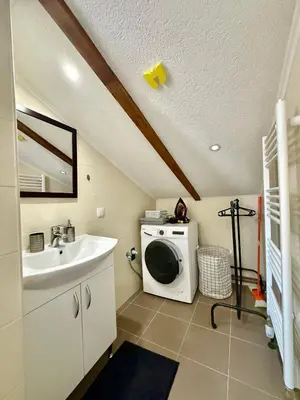 a bathroom with a washing machine and a sink at Sanak in Ivišovo Greblje