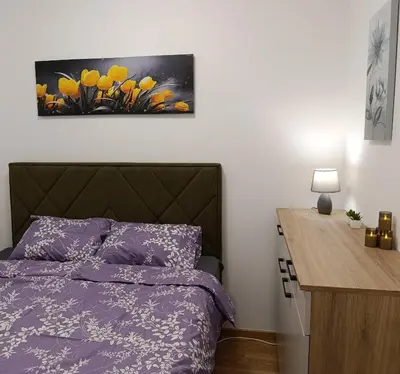 a bedroom with a purple bed and a painting on the wall at Apartman Andrija in Banja Luka