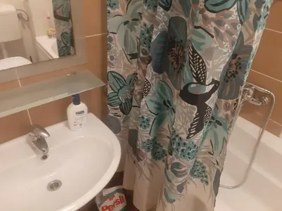 a bathroom with a sink and a shower curtain at Apartment No1 in Banja Luka
