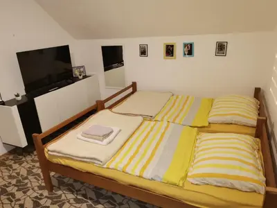 a bedroom with two beds and a flat screen tv at Vikendica Brvnička Oaza mir i priroda kraj Šamca