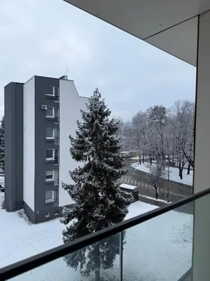 a snow covered christmas tree in front of a building at Real Comfort in Bugojno