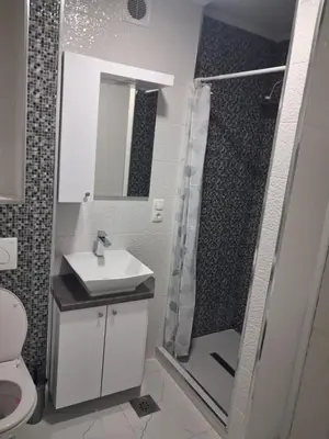 a bathroom with a shower and a sink and a toilet at Jagoda stan na dan in Prijedor