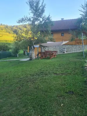 a picnic table and a tent in a yard at Arden House - Mountain Escape with Pool in Mali Radić
