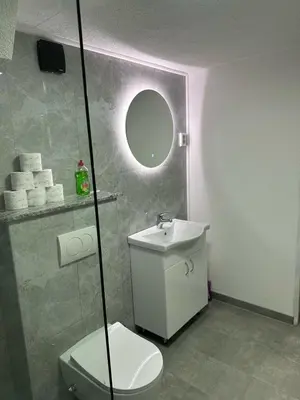 a bathroom with a toilet and a sink and a mirror at Arden House - Mountain Escape with Pool in Mali Radić