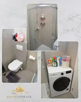 a collage of pictures of a bathroom with a shower and a toilet at Elite Centar Lux in Banja Luka