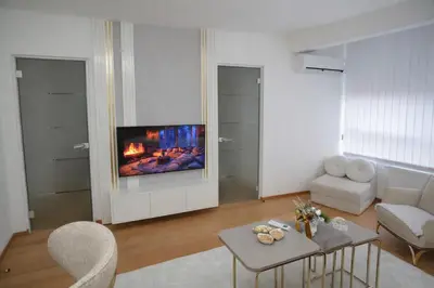 a living room with a couch and a fireplace at Elite Centar Lux in Banja Luka