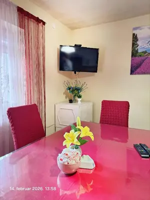 a dining room table with red chairs and a vase with flowers at Rural accommodation Vidovic