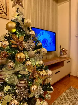 a christmas tree in a living room with a television at Apartmani Alexa in Banja Luka