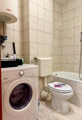 a bathroom with a washing machine and a toilet at Apartmani Alexa in Banja Luka