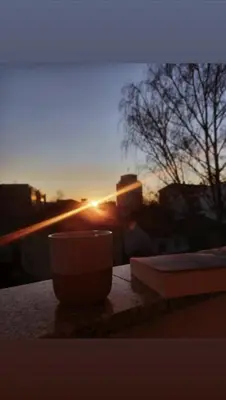 a bowl sitting on a table with the sunset in the background at Retro-Apartman in Prijedor