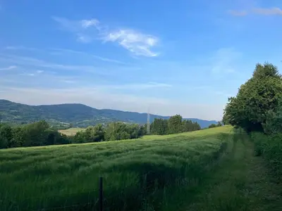 a field of green grass with a fence in the foreground at Large Modern House in Prijedor Bosnia Three Bedrooms Two Full Bathrooms Close to Zagreb EU Border Banja Luka Perfect for Bikers and Families in Prijedor