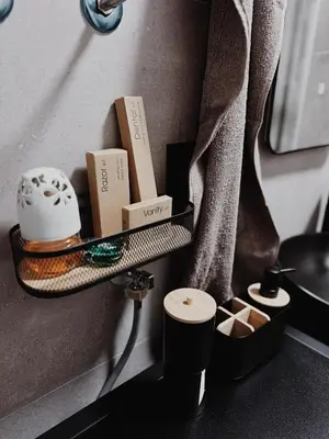 a shelf on a kitchen counter with items on it at New City Nest - Tuzla Center in Tuzla