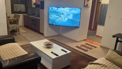 a living room with a flat screen tv on a wall at Grand Panorama Apartment in Fojnica