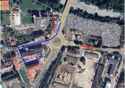 a map of a highway with a red and blue at Apartman Lena 51 BL in Železnička Stanica Incel