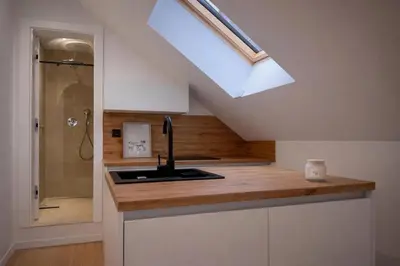 a kitchen with a sink and a shower with a skylight at BERLINA RESIDENCE Luxury Apartment in Bihać
