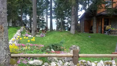 a garden with flowers in front of a cabin at Apartman Sani in Vlasic