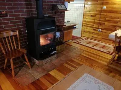 a fireplace in a living room with a stove at Apartman Sani in Vlasic