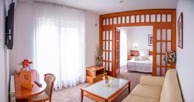 a living room with a couch and a bed at Hotel Integra in Doboj