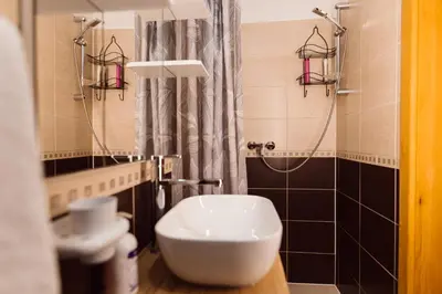 a bathroom with a sink and a shower at Guest House Babilon in Prijedor