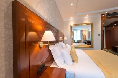 a bedroom with a large bed with a wooden headboard at Hotel Mellain in Tuzla
