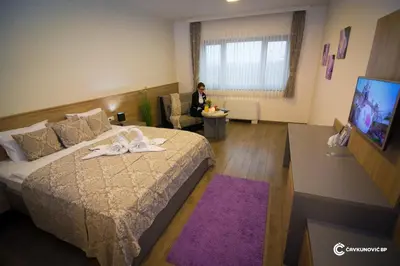 a woman in a hotel room with a bed and a tv at Motel Kamenica in Bihać